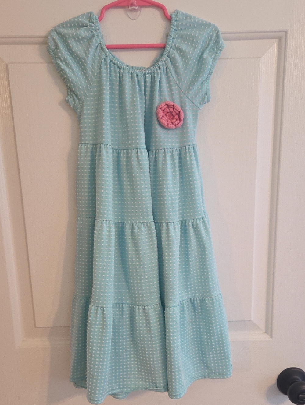 beehave Light Blue Striped Girls Dress with Pink Dot Accent